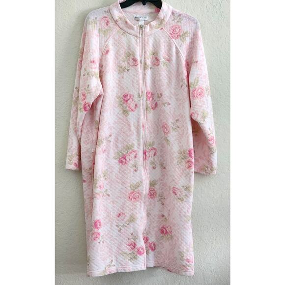 NIGHTGOWN/ROBE-MISS ELAINE-White Quilt w/Light Pink Roses-Front Zip-Size LRG - Picture 1 of 16